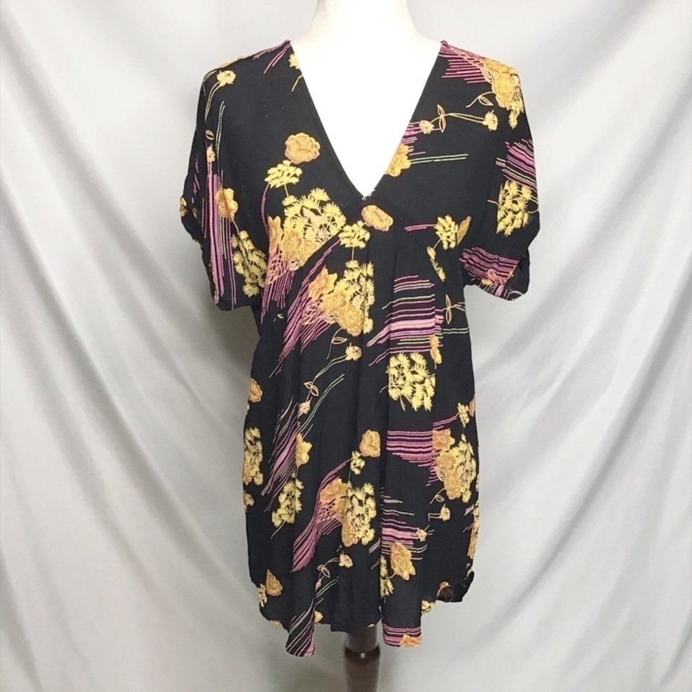ANTHROPOLOGIE Size XS Lux Dress Mini Floral Black Purple Yellow Boho Beach - Picture 2 of 8